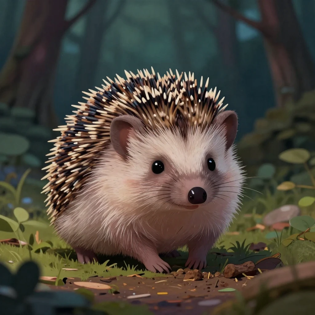 A cute and detailed illustration of a hedgehog foraging in a...