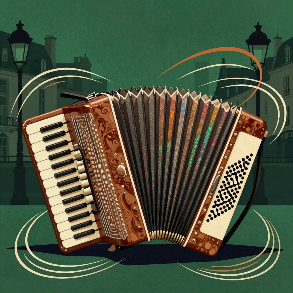 A stylized accordion with expanded bellows, surrounded by sw...