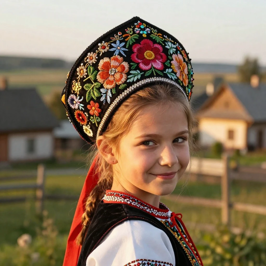 A young Slavic girl, close-up, wearing a richly embroidered ...