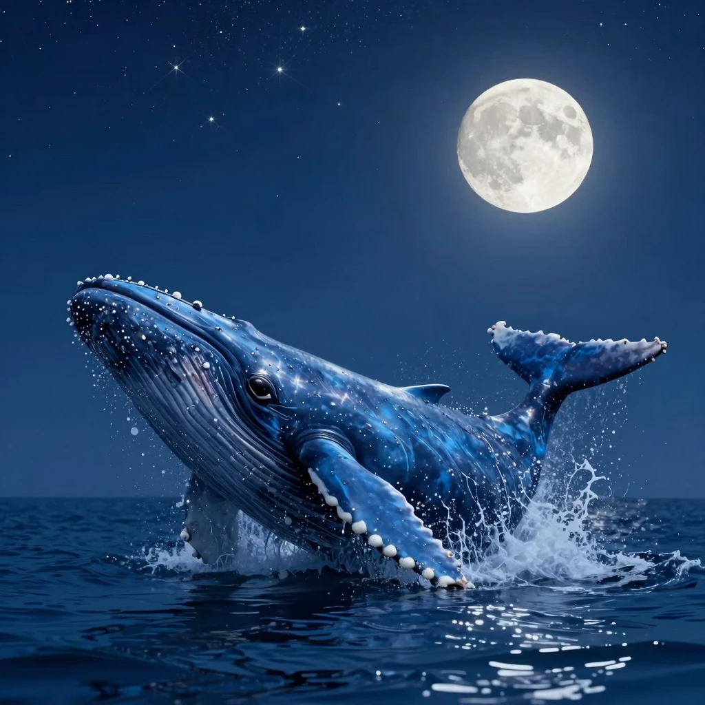 A giant blue whale breaching the surface of a calm ocean, st...