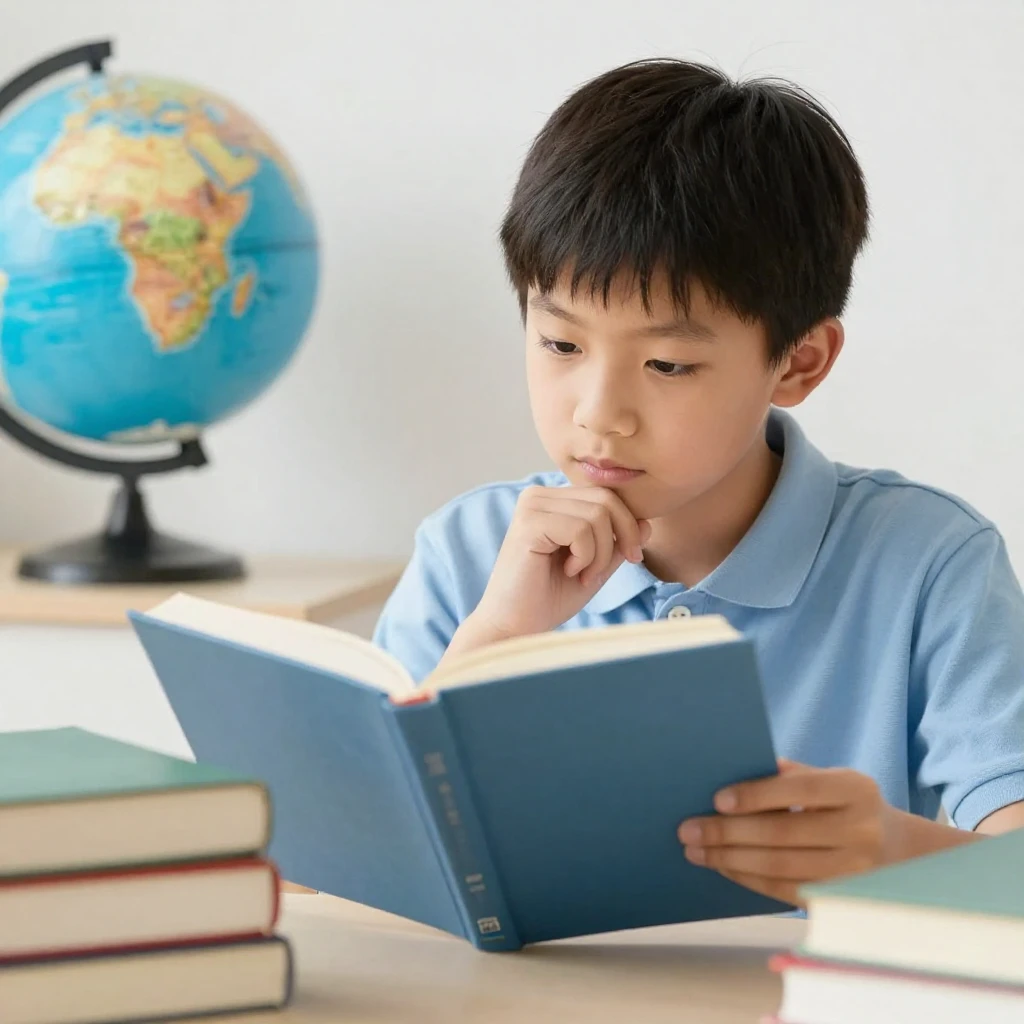 A young student looking thoughtfully at a book, surrounded b...