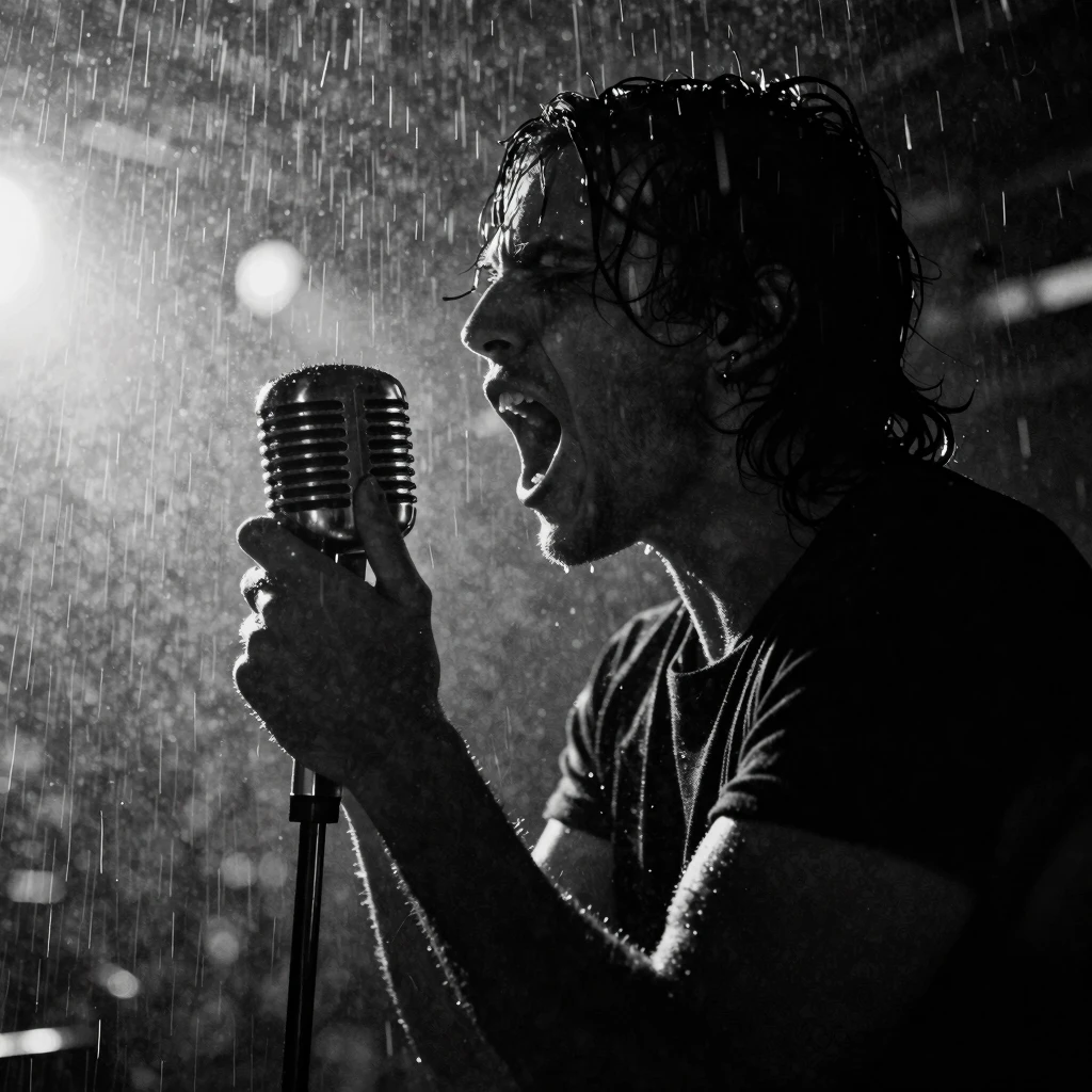 A gritty black and white photo of a rock singer's silhouette...