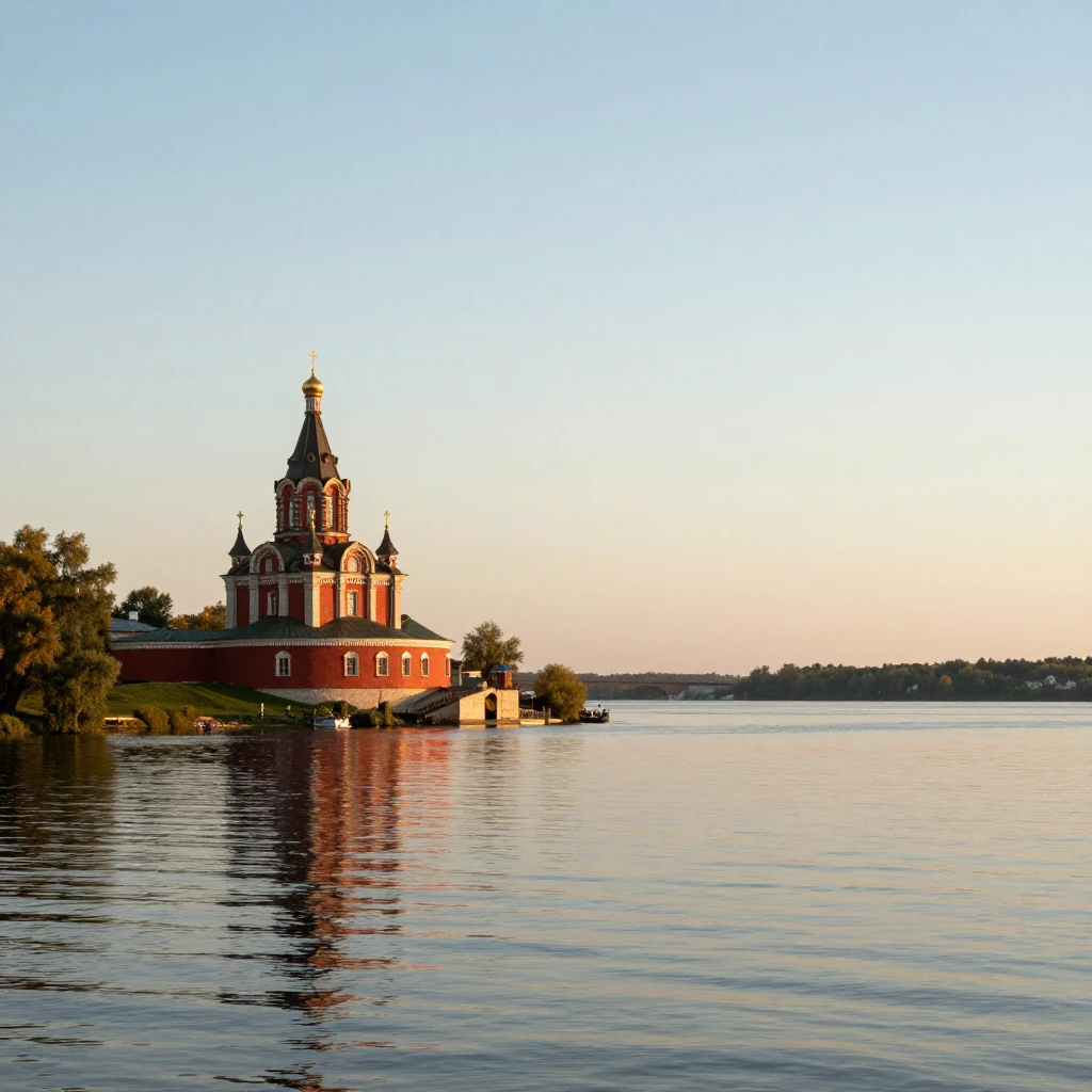 A serene water scene with a red-walled Russian Orthodox chur...