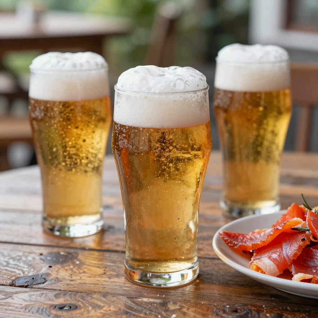 Close-up of two glasses of cold beer with thick foam and a p...