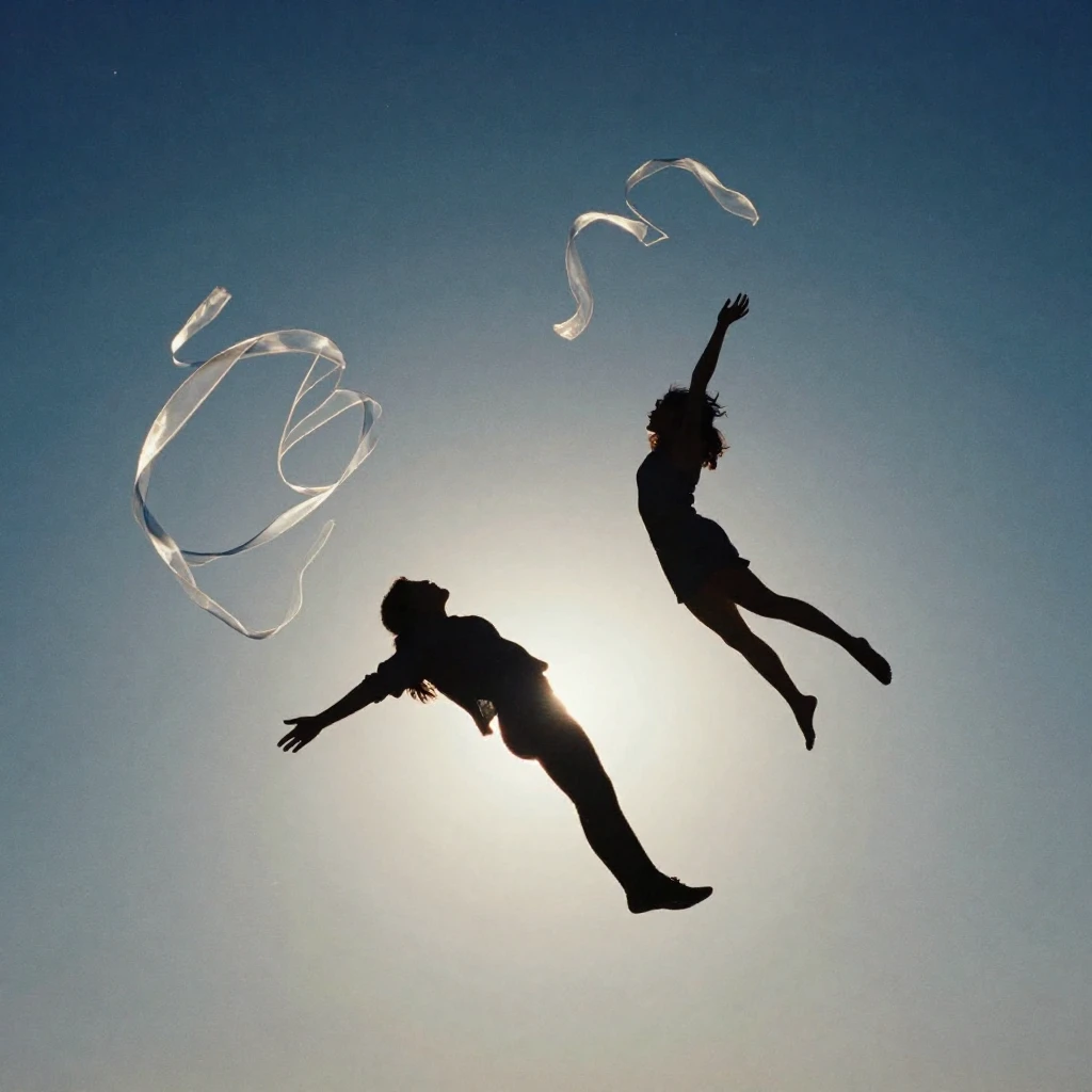 Silhouettes of two figures falling or floating through a sta...