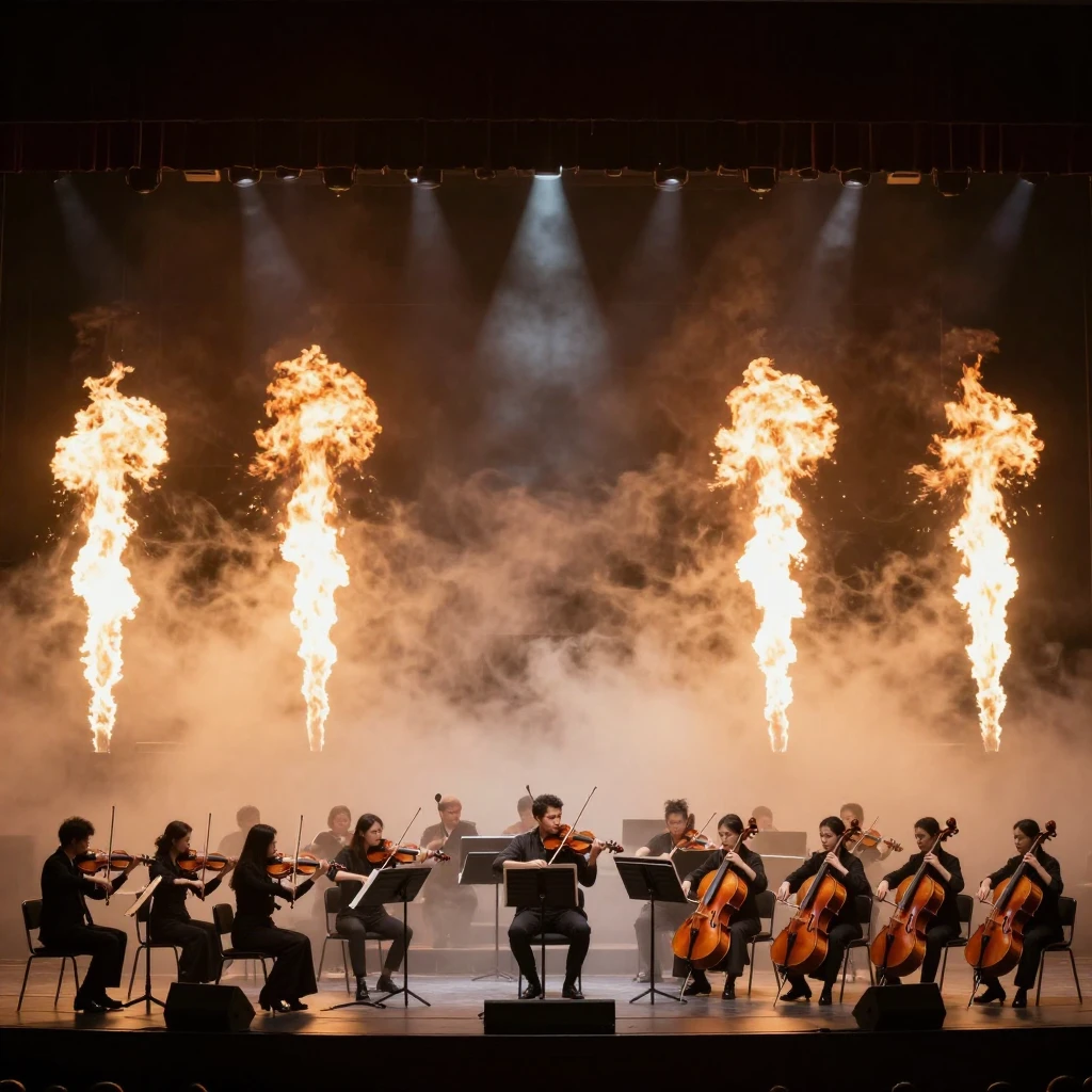 Orchestra performance, violins and cellos, massive orchestra...