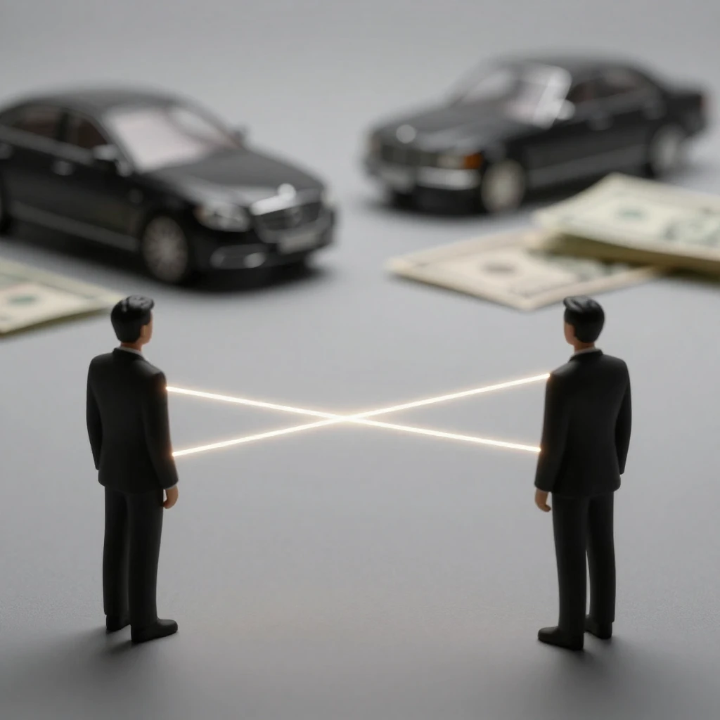 A minimalist scene where two figures are connected by glowin...