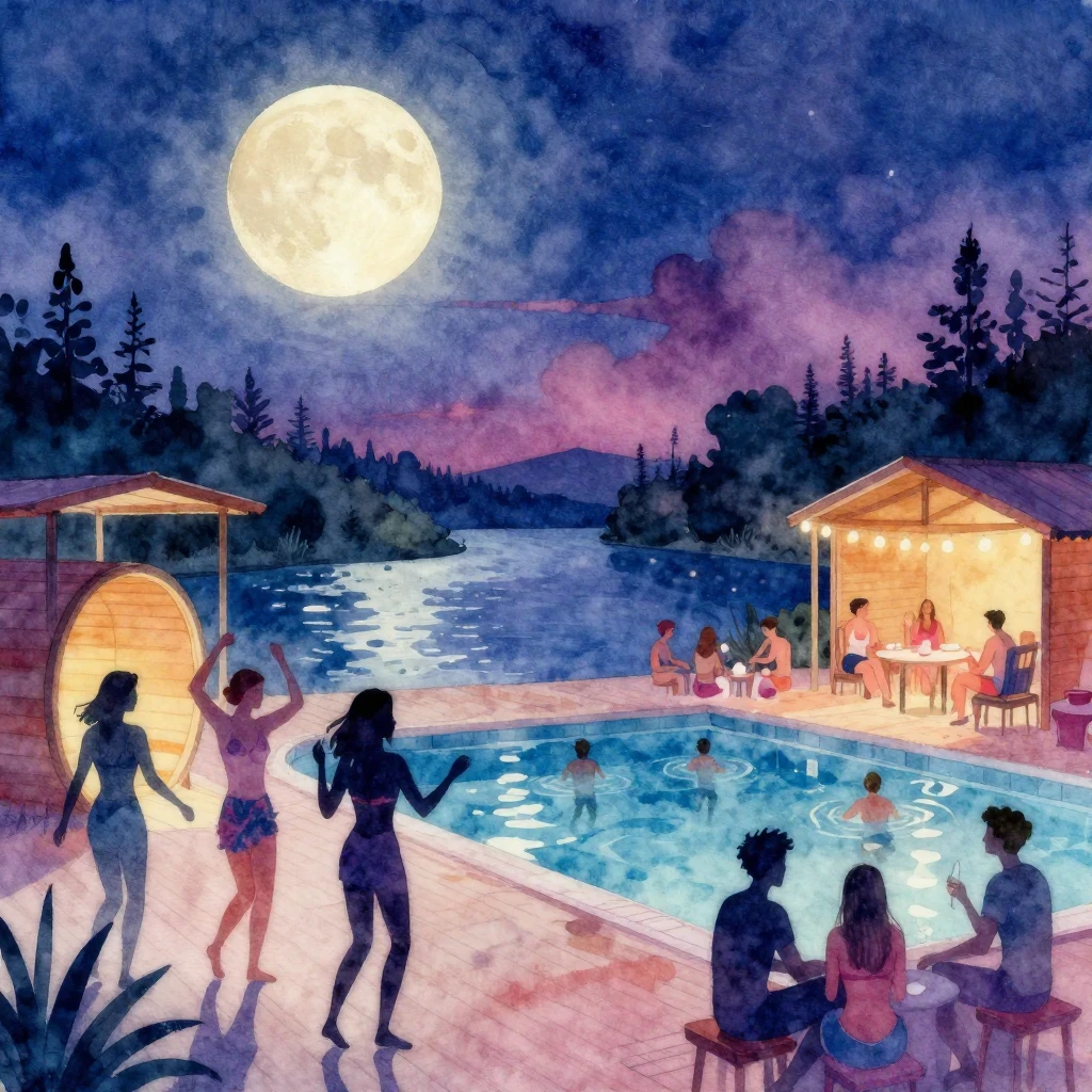 Vibrant watercolor style. Disco night, full moon over a rive...