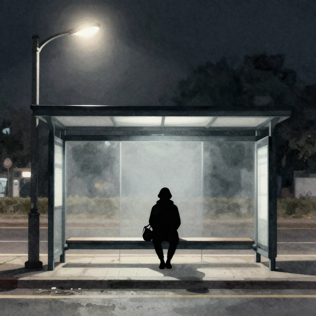 A lonely silhouette of a person waiting at a bus stop shelte...