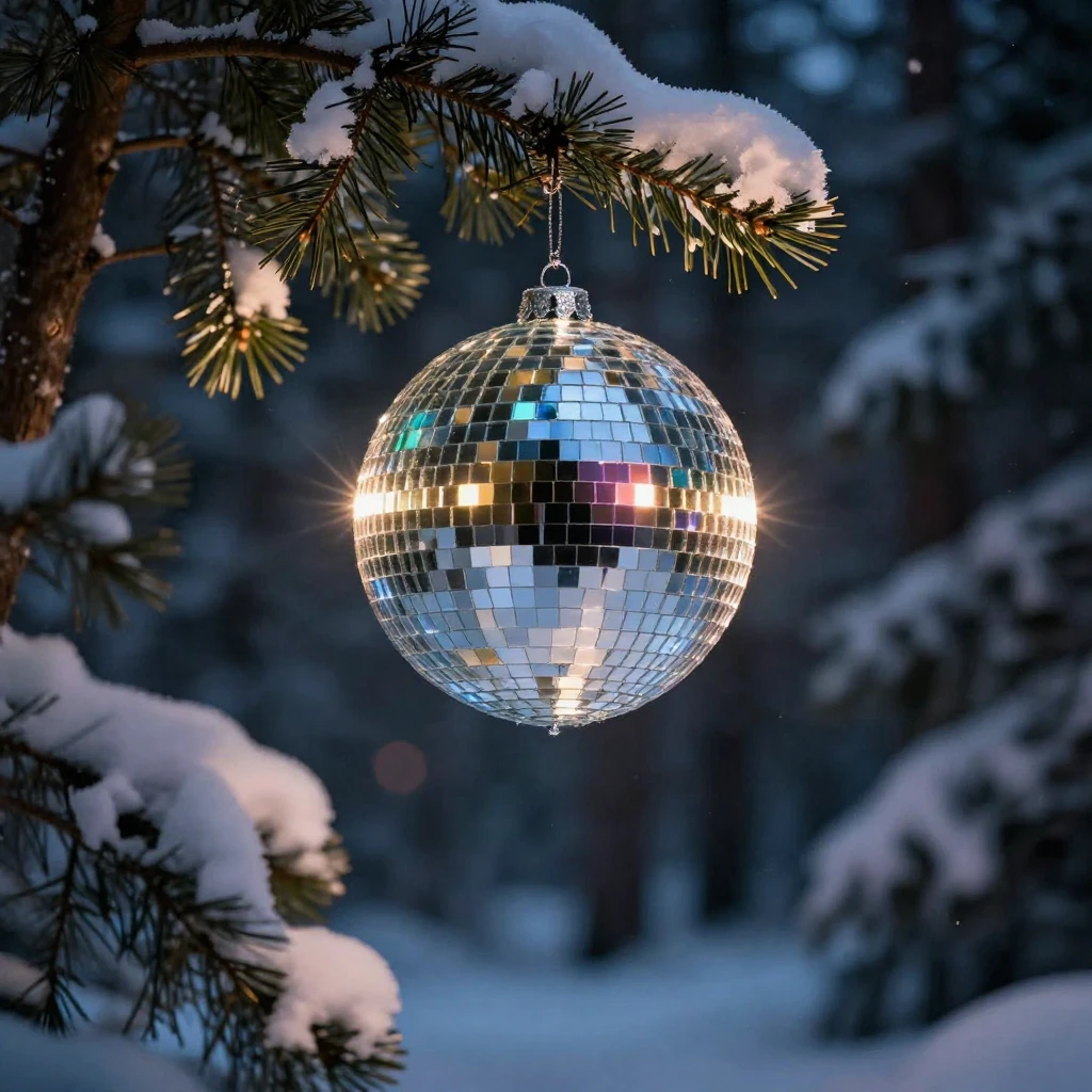A sparkling disco ball hanging in a snowy forest at night, w...