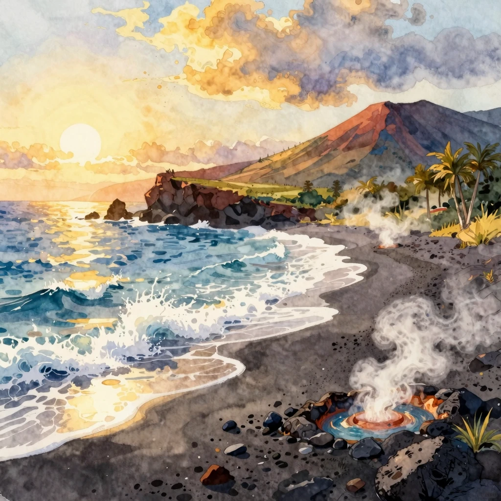 Vibrant watercolor style. Sun-drenched volcanic island lands...