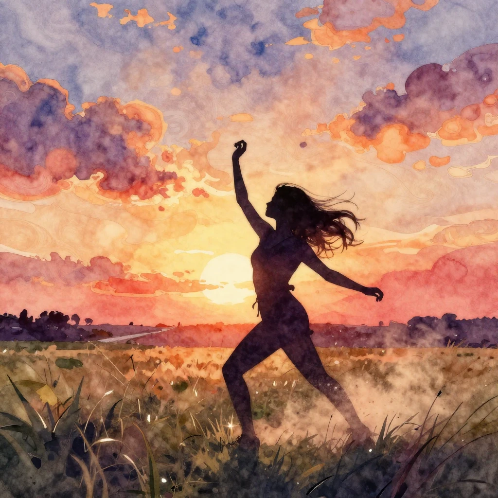 Vibrant watercolor style, silhouette of a person dancing ene...