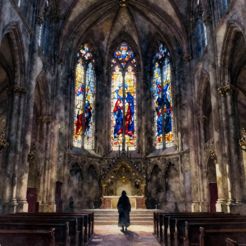 A dark, ancient cathedral interior with stained glass window...