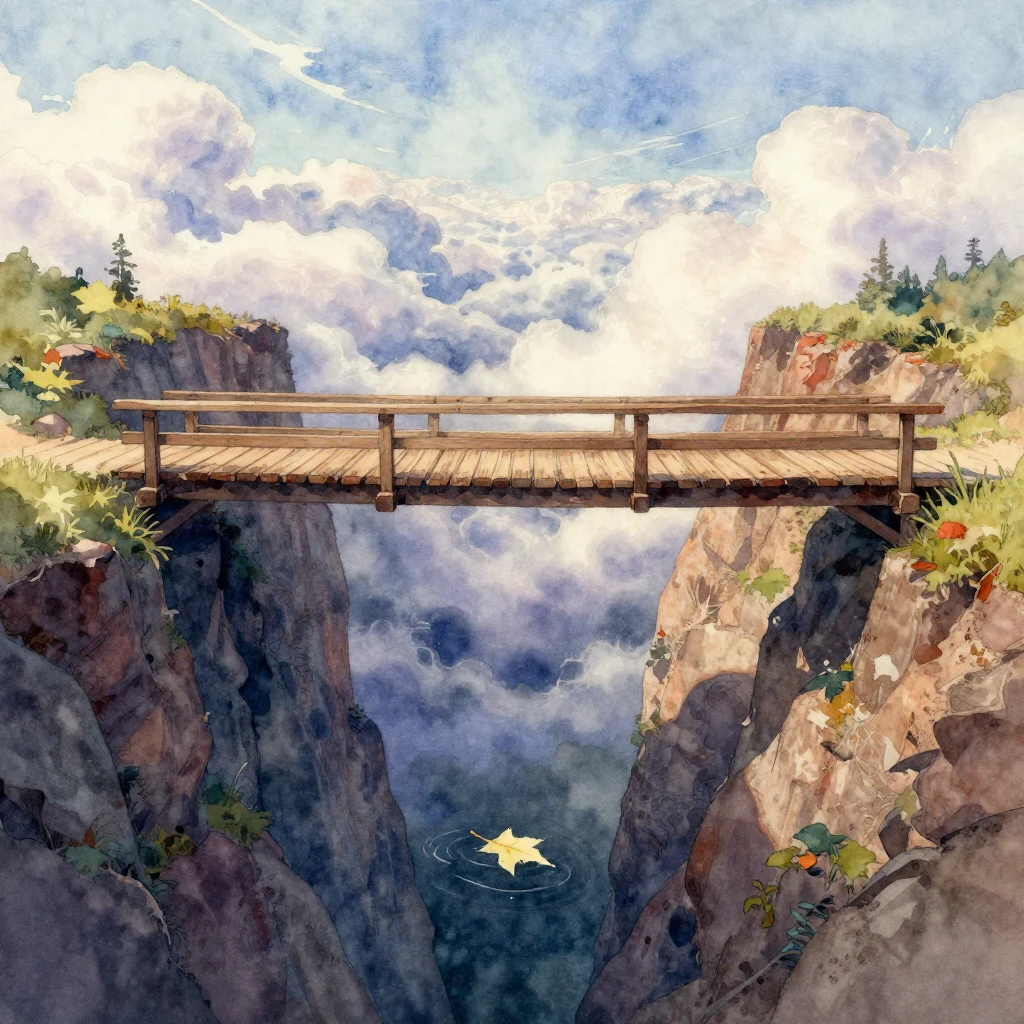 A wooden bridge stretching over a vast, deep chasm, with swi...