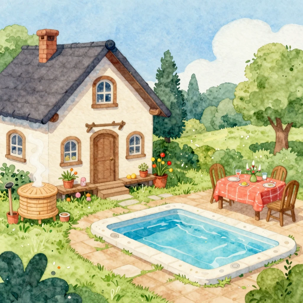Vibrant watercolor style. A cozy house with a garden in the ...