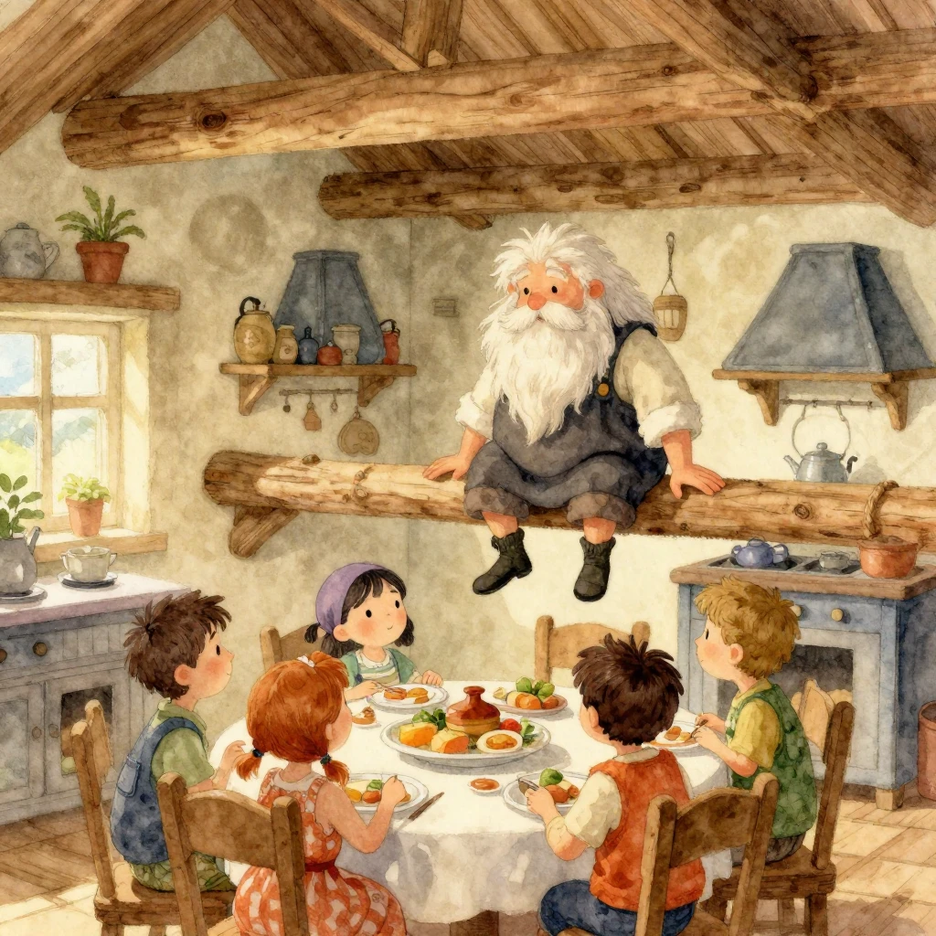 A friendly, small house spirit (domovoy) with a long beard, ...