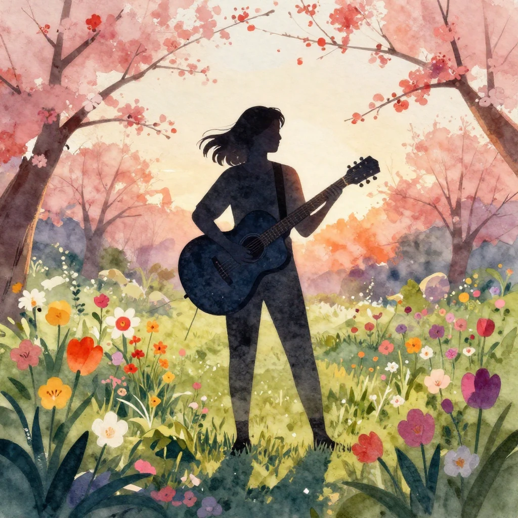 Watercolor style, a silhouette of a woman standing in a bloo...