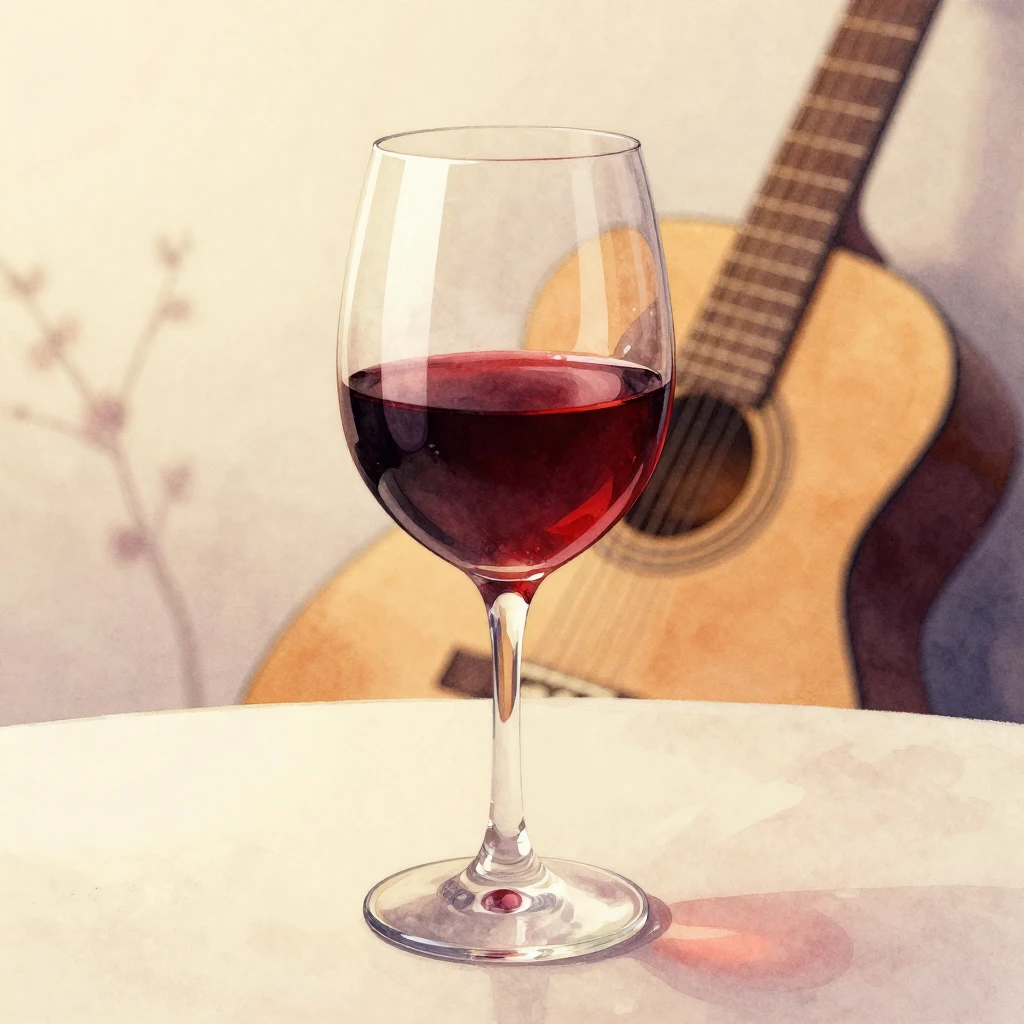A watercolor illustration of a glass of red wine on a table,...