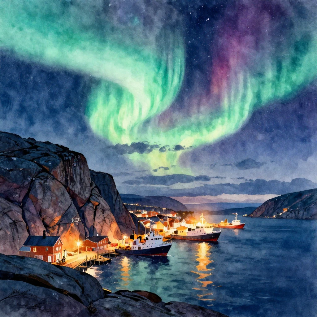 Vibrant watercolor style. Murmansk, Arctic port city, northe...