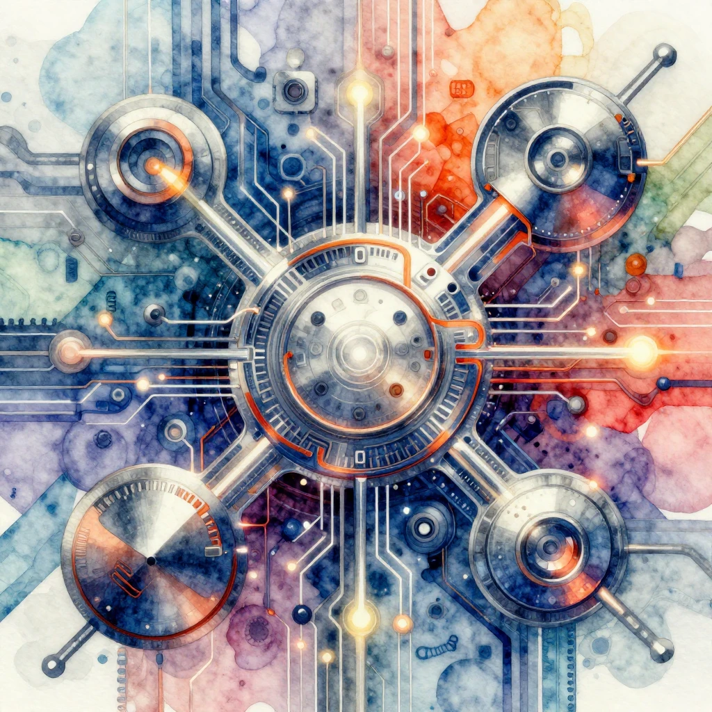 A vibrant watercolor illustration with an industrial and ele...