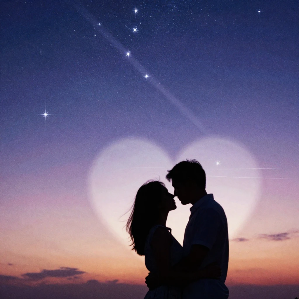 A couple in a tender embrace, silhouetted against a serene a...