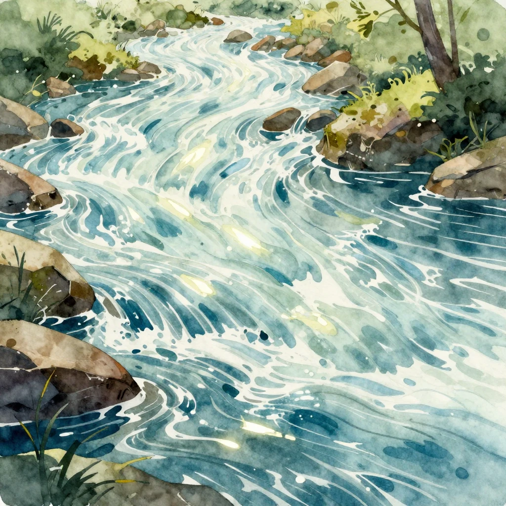 A vibrant watercolor illustration of a powerful, flowing riv...