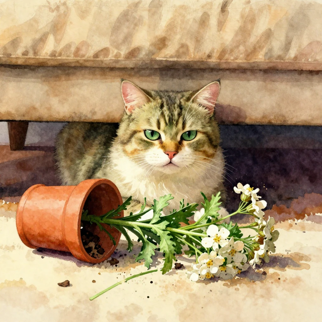 A fluffy green-eyed cat, looking guilty, peeking out from un...