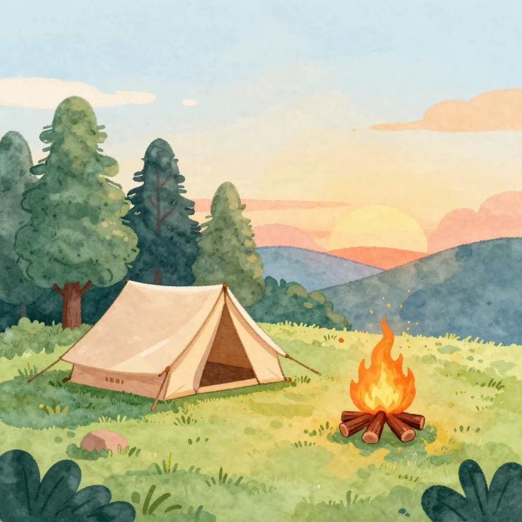 A watercolor illustration of a camping scene, featuring a te...