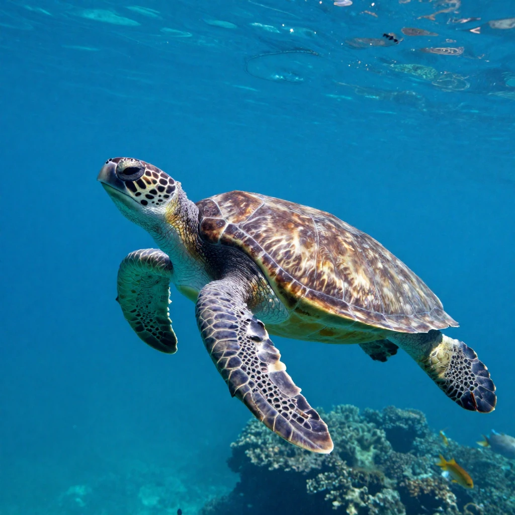A graceful sea turtle swimming serenely through clear, sunli...