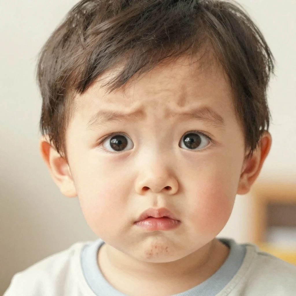 A young child with wide, questioning eyes, slightly furrowed...