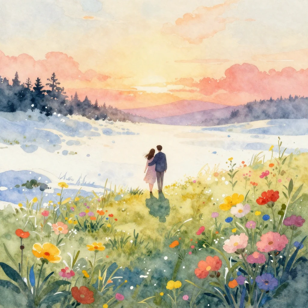 A vibrant watercolor painting of a magical landscape with a ...