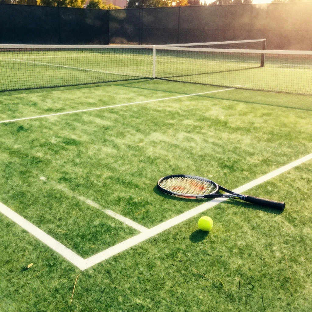 Watercolor grass tennis court, green texture, racket and bal...