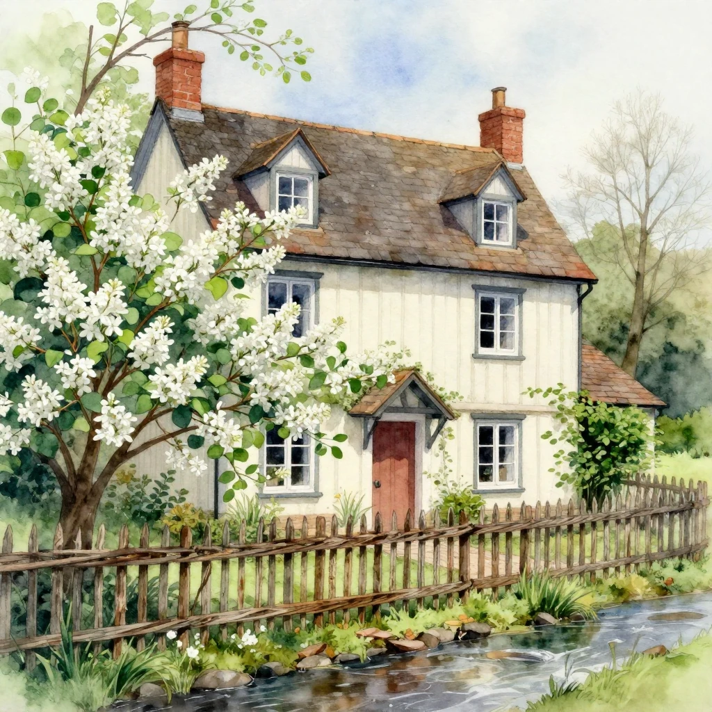 A charming, cozy old house with a rustic willow fence, white...