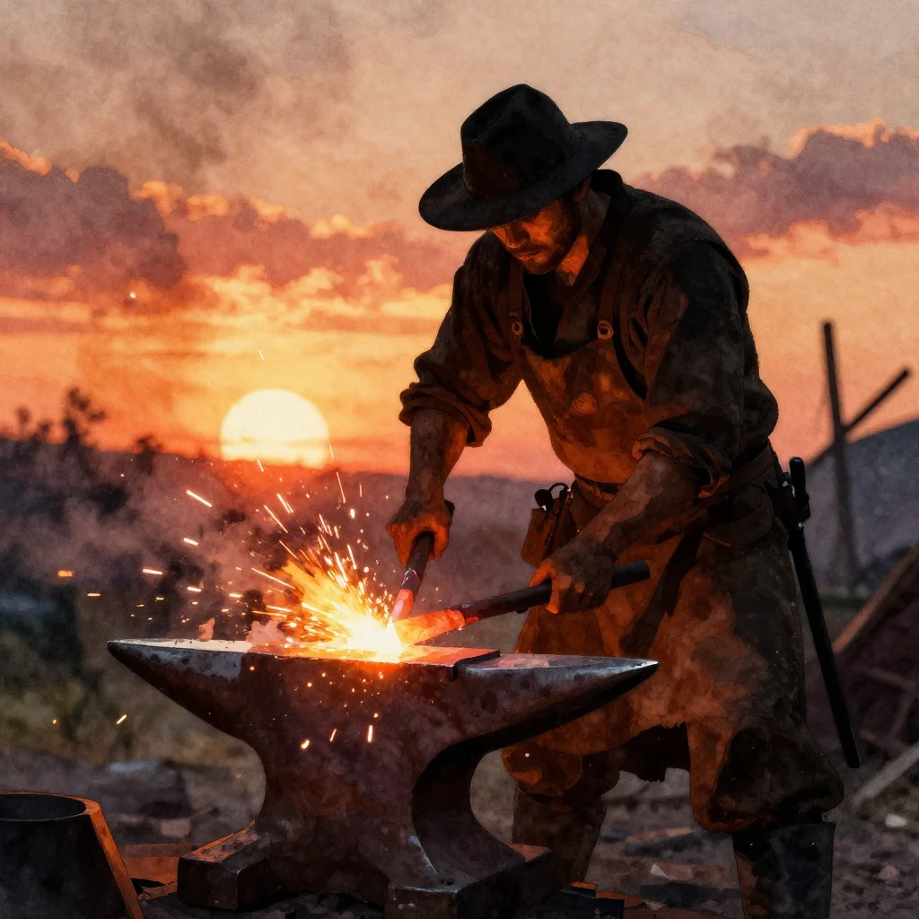 A watercolor style silhouette of a blacksmith vigorously for...