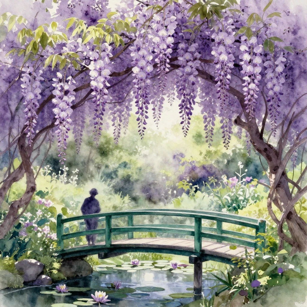 A lush garden scene dominated by cascading purple wisteria v...