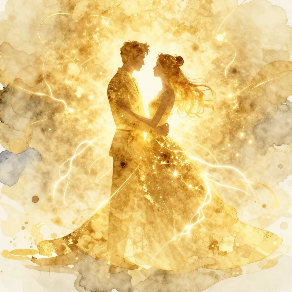 A vibrant watercolor illustration depicting a golden wedding...