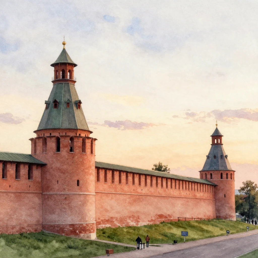 Watercolor painting of the Kazan Kremlin walls and Syuyumbik...