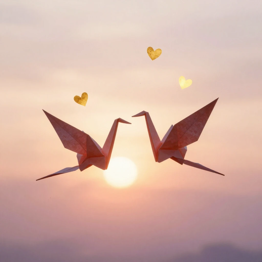 Two delicate paper cranes flying closely together, silhouett...