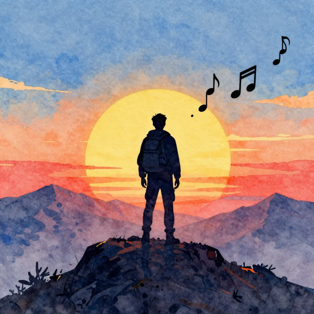 Watercolor painting of a silhouette of a person with a backp...