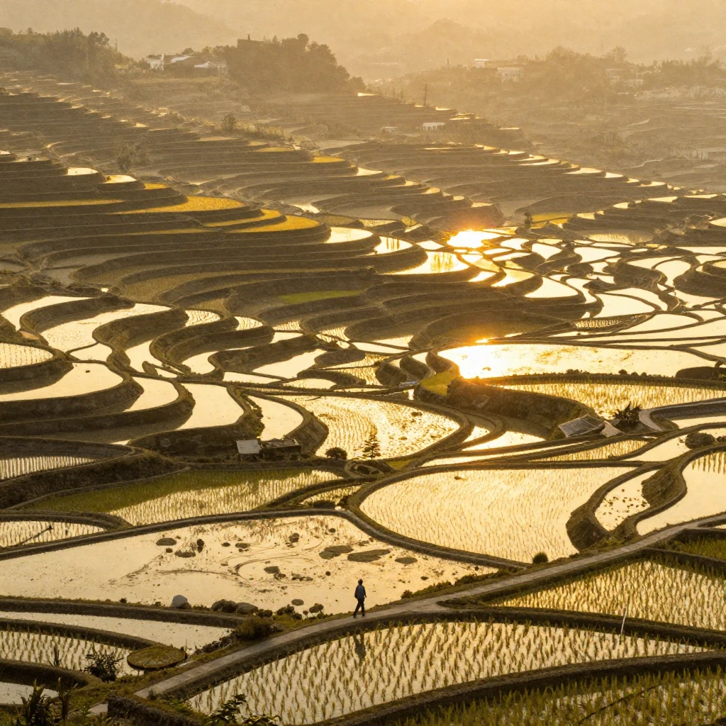A vast, terraced rice field at sunset, with golden light ref...