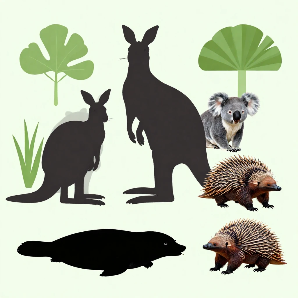 A silhouette of a platypus, a kangaroo, a koala, and an echi...