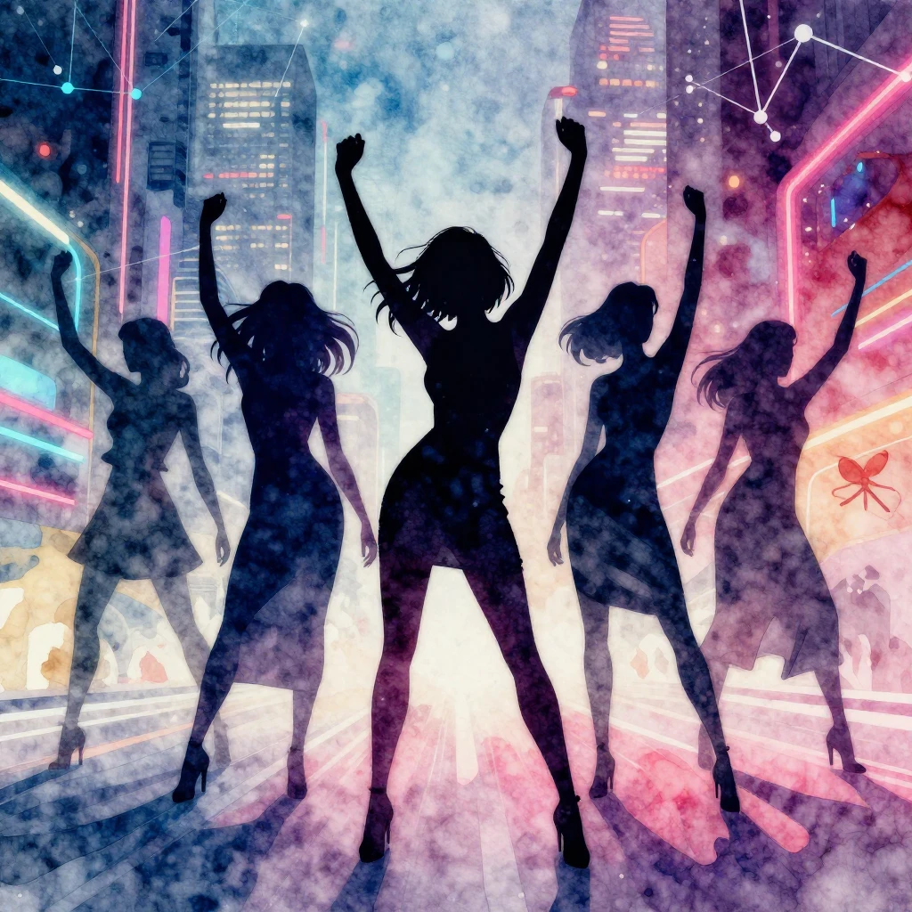 A group of powerful female silhouettes celebrating in a futu...