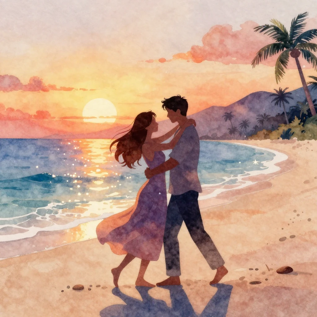 A watercolor illustration depicting a romantic silhouette of...
