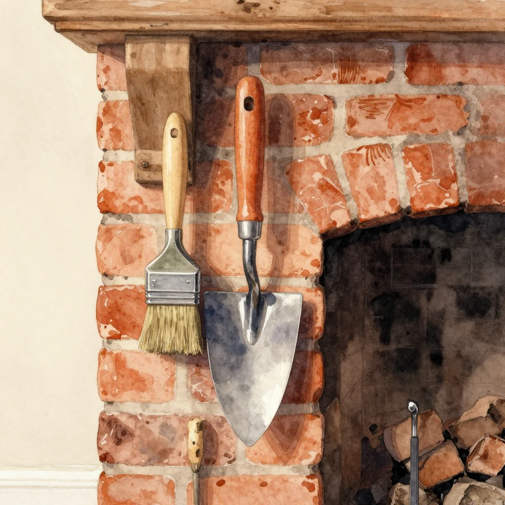 Watercolor style close-up of a brick fireplace with traditio...