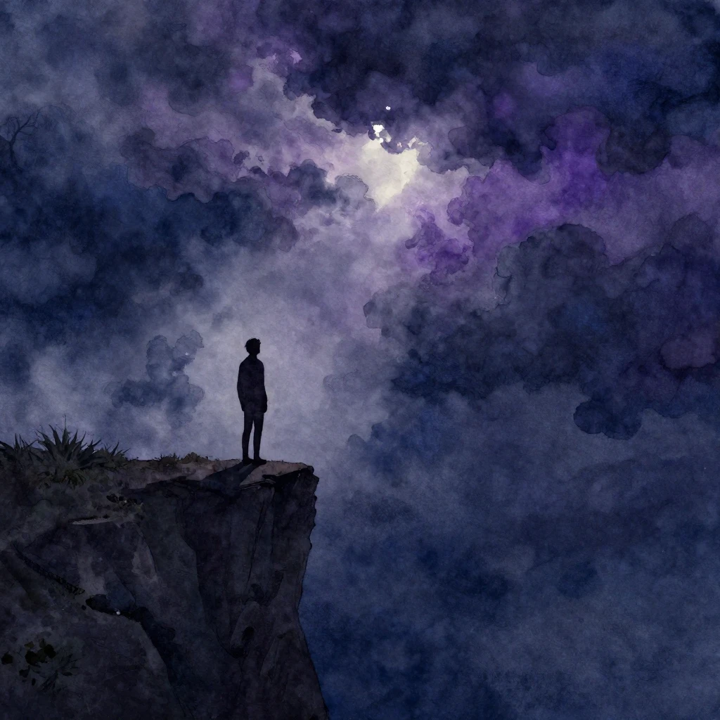 A silhouette of a person standing at the edge of a cliff, lo...