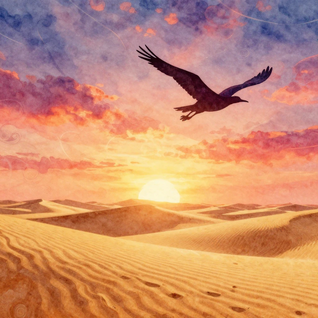 Vibrant watercolor style, golden desert sands at sunset, wit...