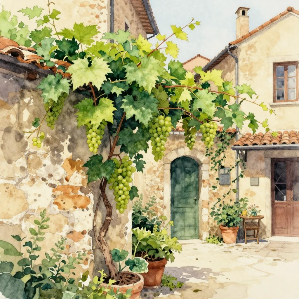 A vibrant watercolor painting focusing on wild grapes climbi...