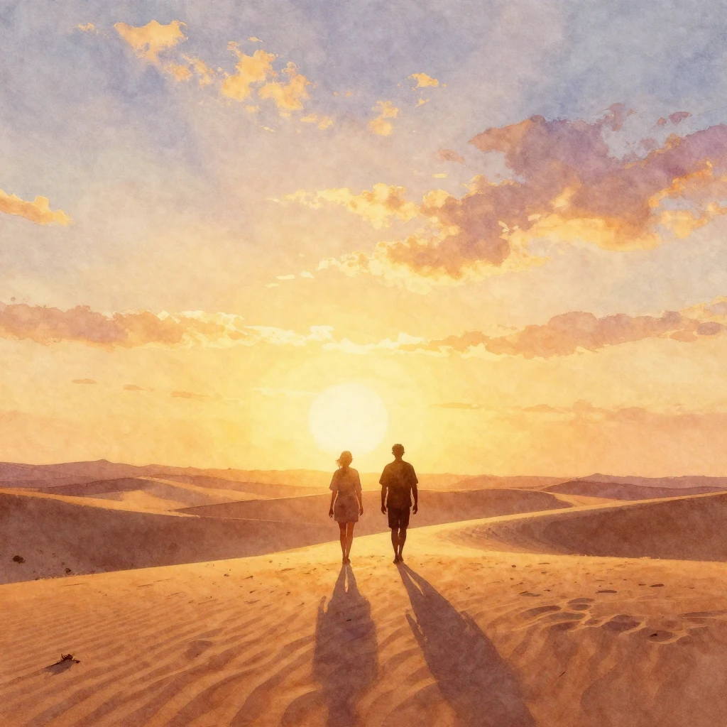 Vibrant watercolor painting of subtle silhouettes of two fig...