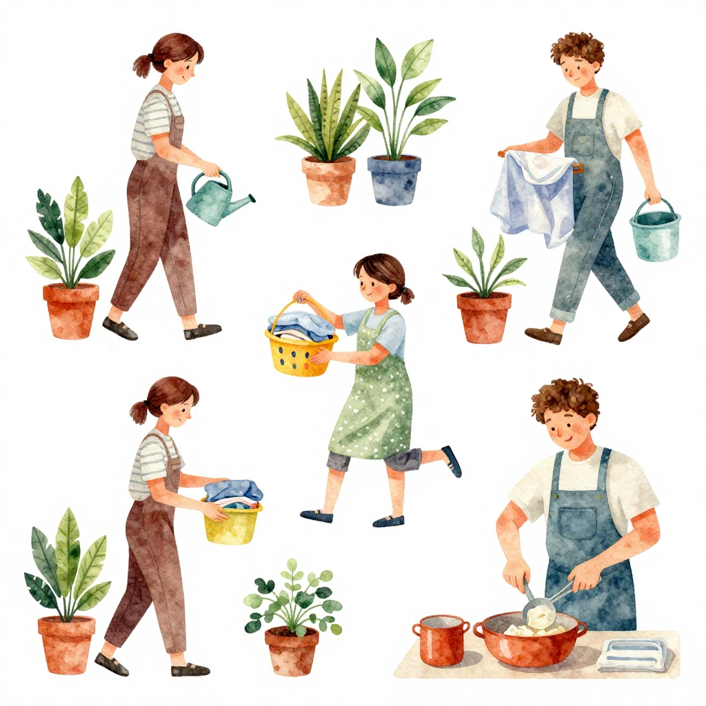 A dynamic scene of a person performing various daily chores,...