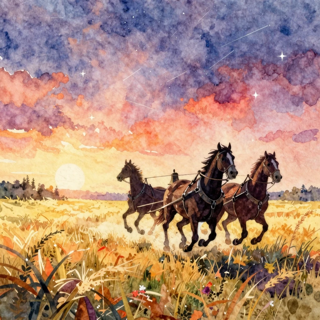 Vibrant watercolor style. A silhouette of a troika with bell...